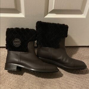 CHANEL Women's Brown Leather Fur-Trimmed Boots